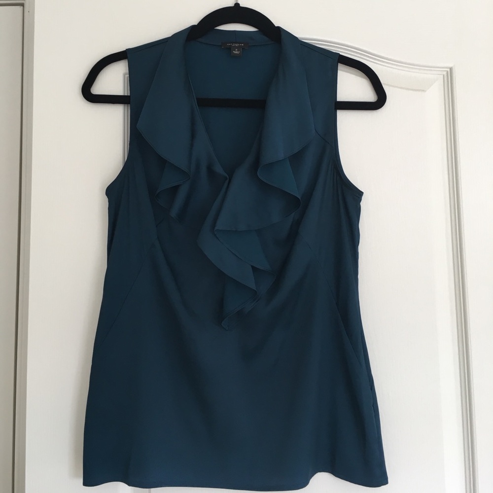 Ann Taylor Sleeveless Ruffle V-Neck Top - Teal